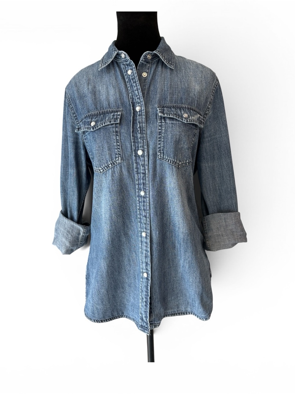 J.Crew Western Chambray Denim Button Down Pearl Snap Shirt Sz 4 Slim